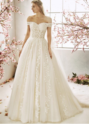 Off Shoulder Beaded Ivory Tulle Flowers Wedding Dress